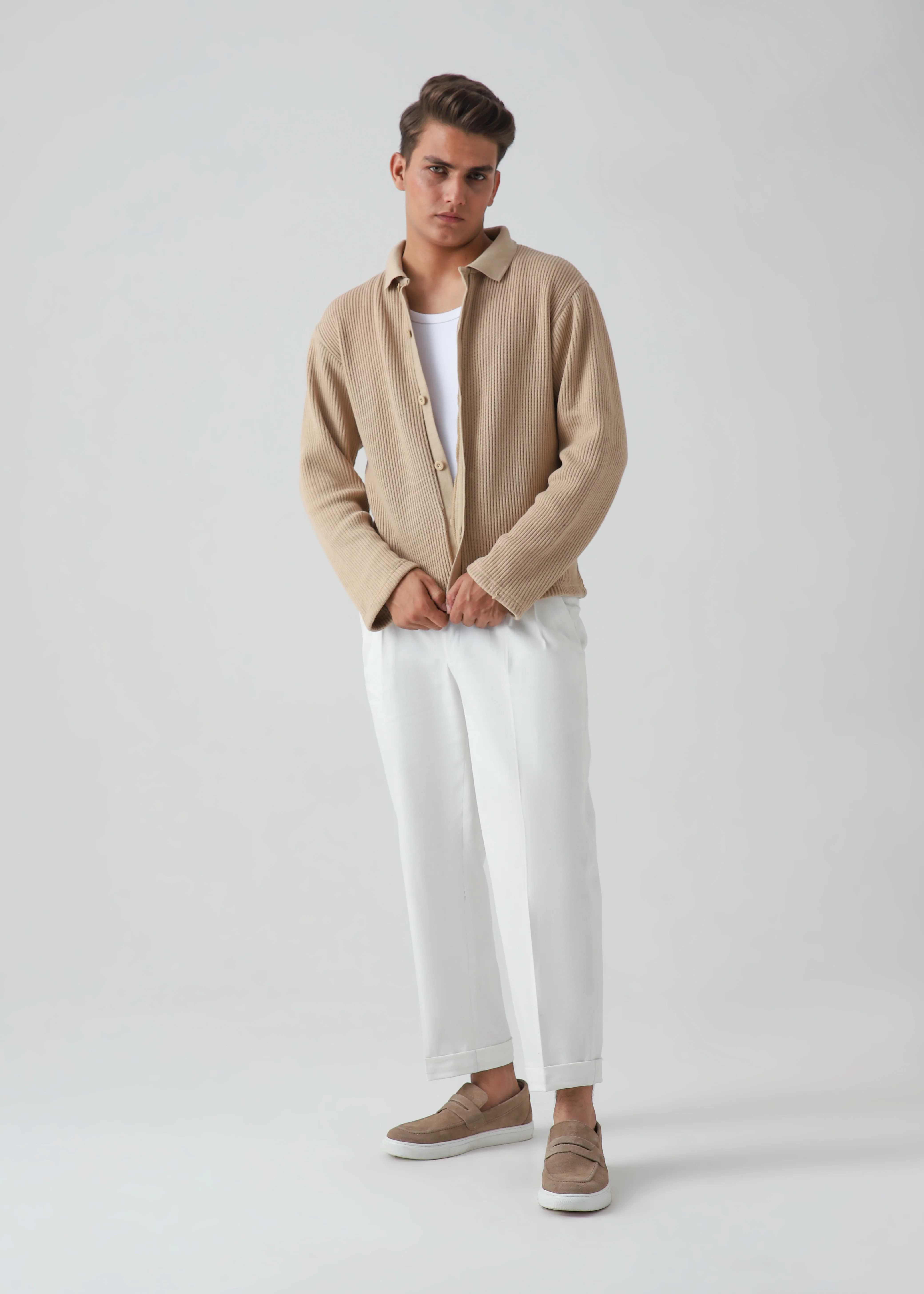 JACQUARD CROCHET BUTTON DOWN SHIRT - BEIGE - Image 3