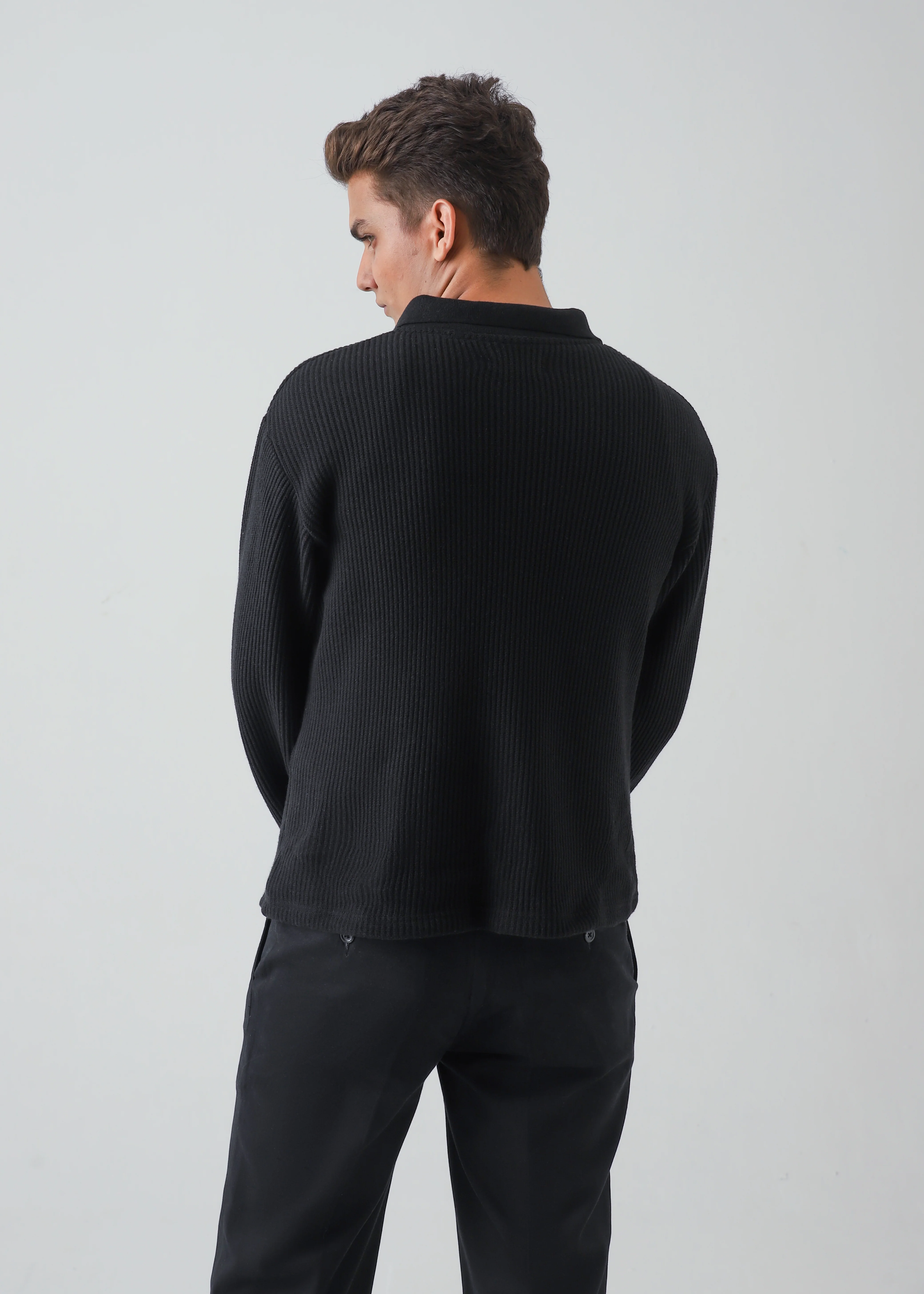 JACQUARD CROCHET BUTTON DOWN SHIRT - BLACK - Image 4