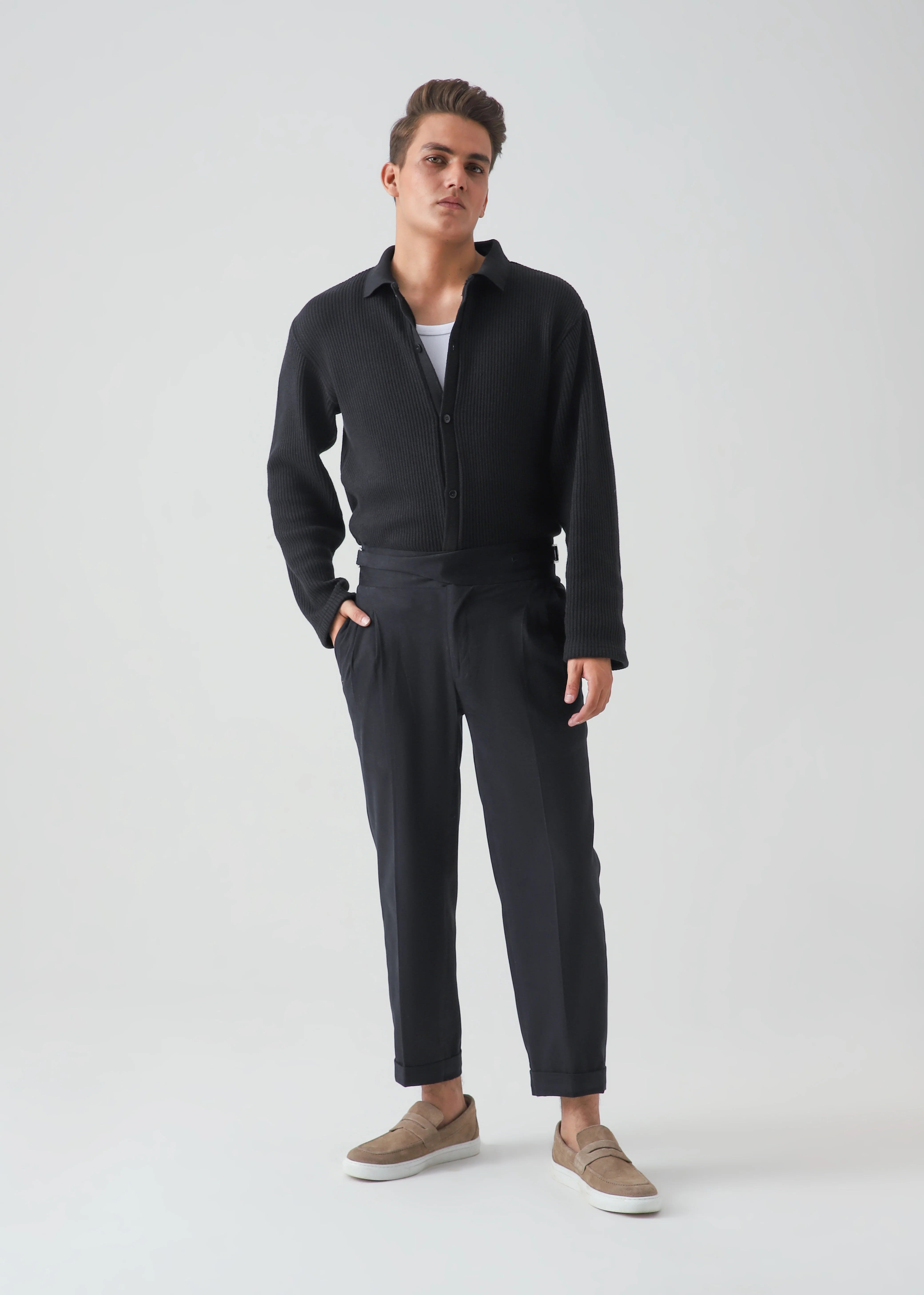 JACQUARD CROCHET BUTTON DOWN SHIRT - BLACK - Image 5