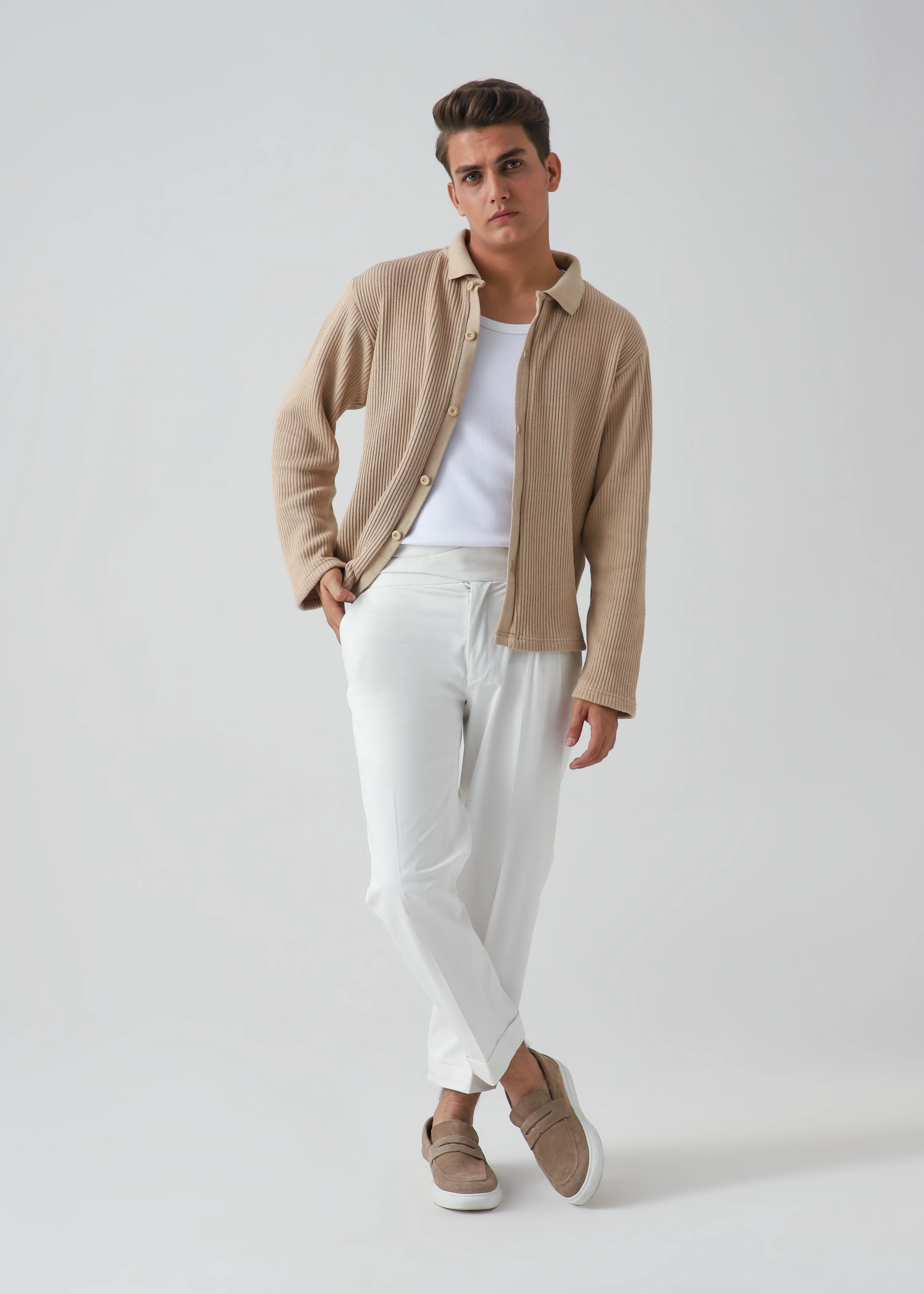 JACQUARD CROCHET BUTTON DOWN SHIRT - BEIGE - Image 5